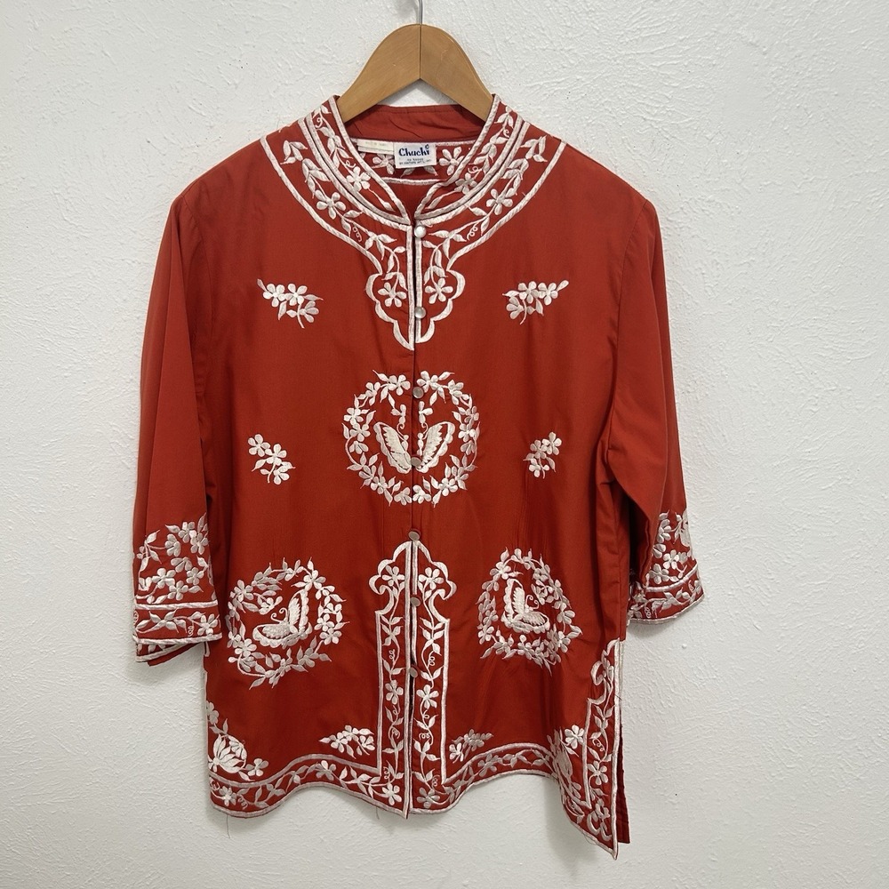 Chuchi Asian Inspired Orange Tunic Top Embroidered Button Mandarin Collar VTG XL